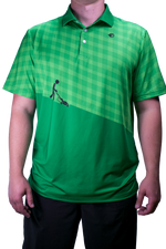 Green checkered polo shirt with a graphic of a person using a lawn mower on a white background