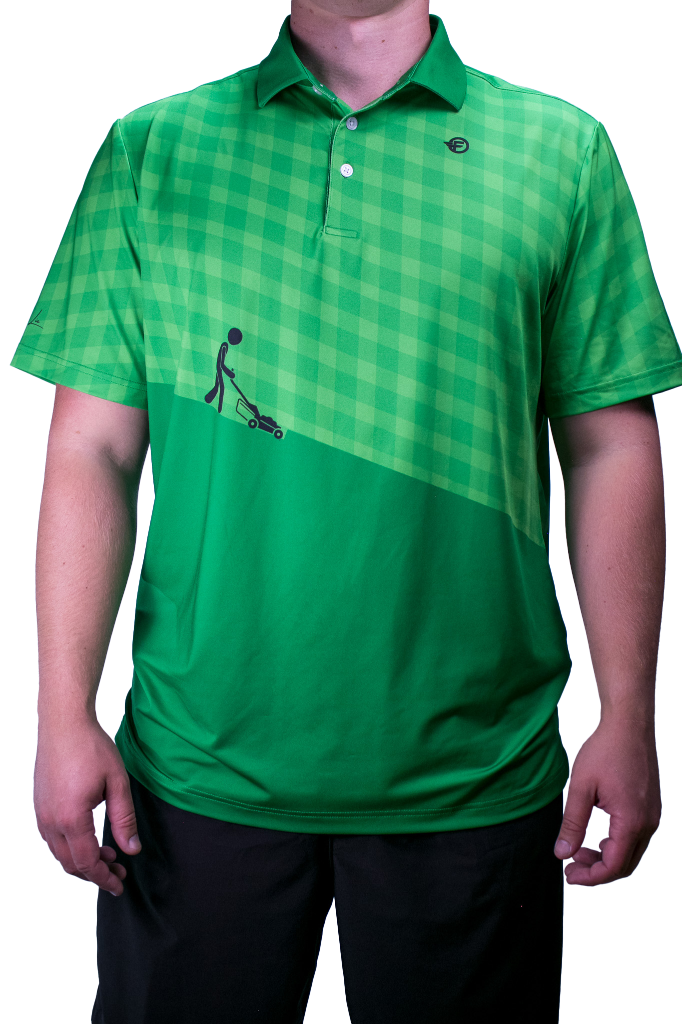 Green checkered polo shirt with a graphic of a person using a lawn mower on a white background
