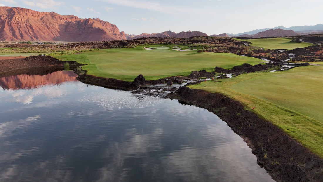 Drone flyover of Black Desert Resort, Sand Hollow and The Ledges golf courses highlighting the Flyer Lie Dream golf Trip Giveaway #1