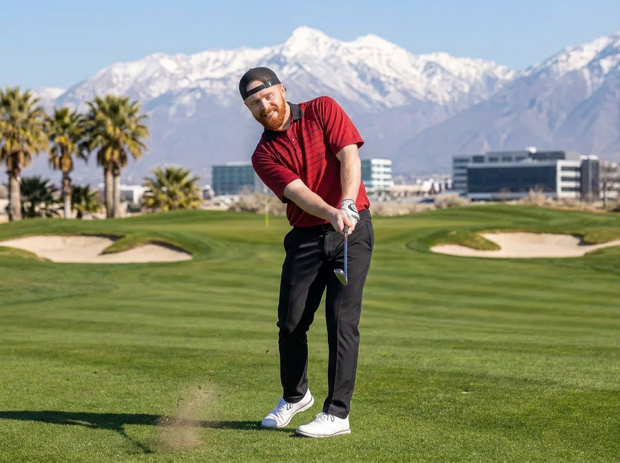 golfer golfing in a red polo alternate view